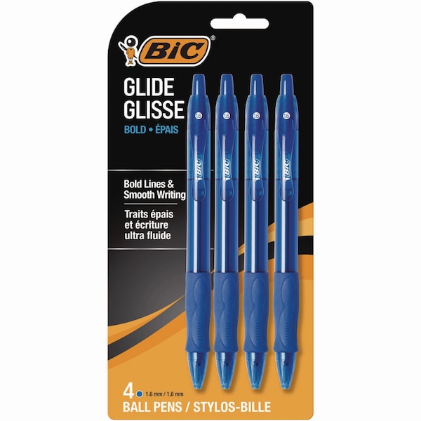 Bic GLIDE Bold Ballpoint Pen, Retractable, Bold 16 mm, Blue Ink, Translucent Blue Barrel, 4PK VLGBP41-BLU - main